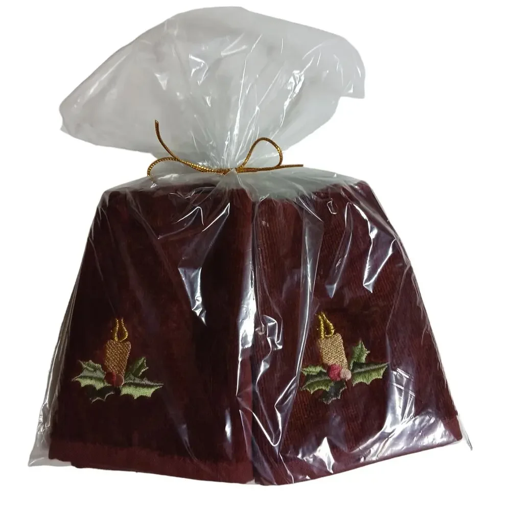 Set of 2 Holiday Washcloths Brown Candle Rustic Cabin Christmas Thanksgiving 12